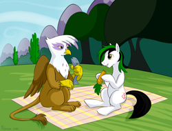 Size: 1400x1066 | Tagged: safe, artist:ribnose, derpibooru import, gilda, oc, oc:trance sequence, earth pony, fish, griffon, pony, canon x oc, carrot, dead, female, food, male, picnic, shipping, sitting, stallion, x eyes