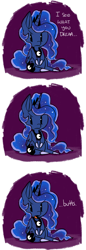 Size: 2097x6062 | Tagged: safe, artist:fauxsquared, princess luna, alicorn, pony, angry, butts, chibi, comic, cute, dream walker luna, ethereal mane, female, glare, hoof shoes, looking at you, mare, open mouth, sitting, solo, starry mane