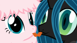 Size: 1280x720 | Tagged: safe, artist:mixermike622, queen chrysalis, oc, oc:fluffle puff, changeling, changeling queen, facebook, tongue out