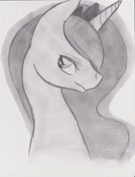 Size: 780x1023 | Tagged: safe, artist:spellchecks, princess luna, alicorn, pony, black and white, bust, female, grayscale, horn, jewelry, mare, monochrome, portrait, profile, regalia, solo, tiara, traditional art