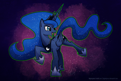 Size: 3000x2000 | Tagged: safe, artist:bigponymac, princess luna, alicorn, pony, female, happy, looking back, mare, night, night sky, raised leg, simple background, sky, solo