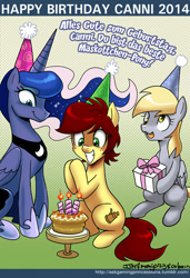 Size: 600x879 | Tagged: safe, artist:johnjoseco, derpy hooves, princess luna, oc, oc:canni soda, alicorn, pegasus, pony, ask gaming princess luna, birthday, cake, female, german, mare, present, tumblr