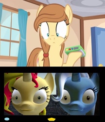 Size: 926x1073 | Tagged: safe, sunset shimmer, trixie, oc, oc:cream heart, earth pony, pony, unicorn, cutie mark, exploitable meme, female, hooves, mare, meme, solo, stare, tv meme