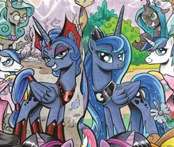 Size: 812x684 | Tagged: safe, idw, princess luna, queen chrysalis, reversalis, shining armor, alicorn, changeling, changeling queen, pony, unicorn, spoiler:comic, spoiler:comic18, comparison, dark mirror universe, equestria-3, evil luna, eyeshadow, mirror universe