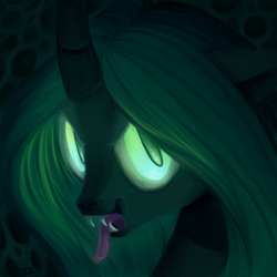 Size: 900x900 | Tagged: safe, artist:dzmaylon, queen chrysalis, changeling, changeling queen, close-up, dark, fangs, female, glowing eyes, kitchen eyes, licking lips, looking at you, solo, tongue out