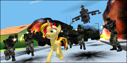 Size: 1263x633 | Tagged: safe, artist:dbuilder, sunset shimmer, human, pony, 3d, ed edd n eddy, explosion, gmod, helicopter, lav, mi-24 hind, soldier, street