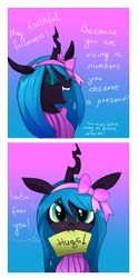 Size: 600x1209 | Tagged: safe, artist:jokerpony, queen chrysalis, changeling, changeling queen, ask teen chrysalis, :3, bow, clothes, cute, cutealis, mouth hold, sign, solo, sweater, tumblr