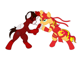 Size: 720x540 | Tagged: safe, artist:samuraicore, sunset shimmer, oc, pony, clothes, costume, daredevil, elektra, fight, marvel, nightmare night