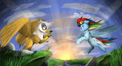 Size: 7352x3984 | Tagged: safe, artist:vinicius040598, derpibooru import, gilda, rainbow dash, earth pony, griffon, pegasus, pony, claws, duo, river, stream, sunrise