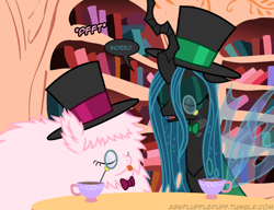 Size: 650x500 | Tagged: safe, artist:mixermike622, queen chrysalis, oc, oc:fluffle puff, changeling, changeling queen, bowtie, classy, hat, monocle, tea, teacup, top hat, tumblr:ask fluffle puff