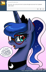 Size: 650x1011 | Tagged: safe, artist:johnjoseco, princess luna, alicorn, pony, adorkable, alternate hairstyle, ask gaming princess luna, comic, cute, dork, female, glasses, mare, open mouth, ponytail, solo, tumblr