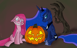 Size: 1920x1200 | Tagged: safe, artist:ponchuzn, pinkie pie, princess luna, alicorn, earth pony, pony, floppy ears, grin, halloween, jack-o-lantern, looking at you, sitting, smiling