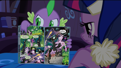 Size: 1280x720 | Tagged: safe, idw, queen chrysalis, spike, twilight sparkle, twilight sparkle (alicorn), unicorn twilight, alicorn, changeling, changeling queen, dragon, pony, unicorn, book, comic, comic book, comic book meme, female, male, mare