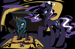 Size: 1000x665 | Tagged: safe, artist:lollypopa, nightmare rarity, queen chrysalis, changeling, changeling queen, ask, ask thequeens, dialogue, mane, tongue out, tumblr