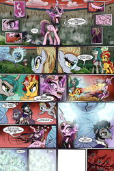 Size: 1280x1920 | Tagged: safe, artist:gray--day, derpibooru import, derpy hooves, gilda, king sombra, maud pie, princess cadance, queen chrysalis, reversalis, sunset shimmer, trixie, alicorn, changeling, changeling queen, griffon, pony, comic:of kings and changelings, alternate universe, bright eyes (mirror universe), comic, crystal heart, dark magic, evil cadance, glasses, good king sombra, i can't believe it's not idw, race swap, transformation, tree of disharmony, tree of harmony, trixiecorn