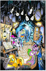 Size: 800x1219 | Tagged: safe, artist:andypriceart, idw, applejack, fluttershy, pinkie pie, princess luna, rainbow dash, rarity, spike, twilight sparkle, alicorn, dragon, earth pony, pegasus, pony, unicorn, spoiler:comic, spoiler:comic17, book, bottle, cover, cutie mark, mane six, mirror, open mouth, tongue out