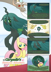 Size: 2220x3106 | Tagged: safe, artist:howxu, discord, fluttershy, queen chrysalis, changeling, changeling queen, pegasus, pony, chrysalis's fluttered adventure, comic, wingless