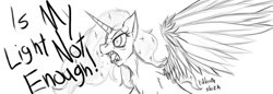 Size: 1280x442 | Tagged: safe, artist:foldeath, princess luna, alicorn, pony, angry, monochrome, solo