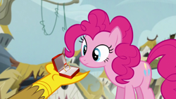 Size: 1280x720 | Tagged: safe, derpibooru import, edit, edited screencap, screencap, gilda, pinkie pie, earth pony, griffon, pony, the lost treasure of griffonstone, cute, female, gildapie, lesbian, marriage proposal, shipping, wedding ring