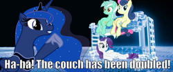 Size: 998x416 | Tagged: safe, bon bon, lyra heartstrings, princess luna, rarity, sweetie drops, alicorn, pony, unicorn, caption, dialogue, double decker couch, image macro, lego, sitting, the lego movie