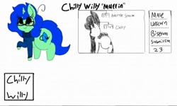 Size: 512x308 | Tagged: safe, artist:chillywilly, oc, oc:chilly willy, unicorn, clothes, fake eyelashes, femboy, glasses, large butt, male, reference sheet, size comparison, solo, sweater