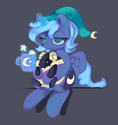 Size: 746x794 | Tagged: safe, artist:ende26, princess luna, alicorn, pony, sheep, animal, cute, filly, hat, mug, nightcap, plushie, sitting, solo, woona