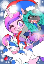 Size: 700x1008 | Tagged: safe, artist:naoki, princess cadance, queen chrysalis, shining armor, twilight sparkle, alicorn, changeling, changeling queen, pony, unicorn