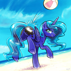 Size: 1600x1600 | Tagged: safe, artist:kp-shadowsquirrel, artist:kp-shadowsquirrel edits, princess luna, alicorn, pony, balancing, ball, beach, beach ball, female, grin, mare, moonbutt, plot, s1 luna, smiling, solo, underhoof