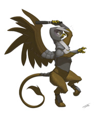 Size: 688x875 | Tagged: safe, artist:taus, derpibooru import, gilda, griffon, armor, chest fluff, club, cute, majestic, necklace, paws, pointing, police, solo, spread wings, standing, tiptoe, weapon, wings