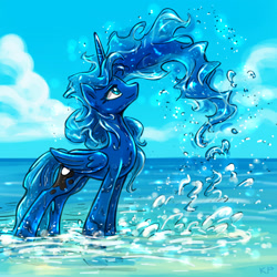 Size: 1600x1600 | Tagged: safe, artist:kp-shadowsquirrel, princess luna, alicorn, pony, cloud, ethereal mane, female, mare, solo, water, wet, wet mane