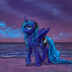 Size: 1600x1600 | Tagged: safe, artist:kp-shadowsquirrel, princess luna, alicorn, pony, beach, female, mare, smiling, solo, wet mane