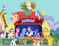 Size: 1280x1008 | Tagged: safe, artist:snicketbar, derpibooru import, apple bloom, applejack, dj pon-3, fluttershy, gilda, pinkie pie, rainbow dash, rarity, scootaloo, spike, spitfire, sweetie belle, trixie, twilight sparkle, vinyl scratch, dragon, earth pony, griffon, pegasus, pony, unicorn, cutie mark crusaders, exploitable meme, female, mane seven, mane six, mare, meme, sonic the hedgehog, sonic the hedgehog (series)