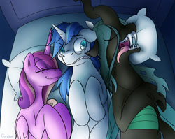 Size: 1832x1460 | Tagged: safe, artist:conicer, princess cadance, queen chrysalis, shining armor, alicorn, changeling, changeling queen, pony, unicorn, :t, bed, bisexual, cadalis, chrysarmordance, cuddling, cute, cutealis, cutedance, eyes closed, fanfic, fanfic art, fangs, female, floppy ears, frown, gritted teeth, lesbian, long tongue, male, mare, messy mane, on back, on side, open mouth, ot3, pillow, scared, sharp teeth, shining adorable, shining armor gets all the mares, shining chrysalis, shipping, shrunken pupils, sleeping, smiling, snoring, snuggling, stallion, straight, tongue out, uvula, wide eyes, worried