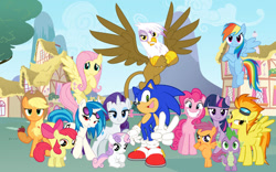 Size: 900x563 | Tagged: safe, artist:snicketbar, derpibooru import, apple bloom, applejack, dj pon-3, fluttershy, gilda, pinkie pie, rainbow dash, rarity, scootaloo, spike, spitfire, sweetie belle, twilight sparkle, vinyl scratch, dragon, earth pony, griffon, pegasus, pony, unicorn, crossover, cutie mark crusaders, exploitable meme, mane seven, mane six, meme, not this shit again, one of these things is not like the others, sonic the hedgehog, sonic the hedgehog (series)