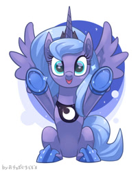 Size: 402x500 | Tagged: dead source, safe, artist:boguti, princess luna, alicorn, pony, cute, female, hoof shoes, hug request, jewelry, looking at you, lunabetes, open mouth, peytral, pixiv, regalia, s1 luna, smiling, solo, spread wings, wings