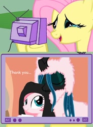 Size: 563x771 | Tagged: safe, artist:mixermike622, fluttershy, queen chrysalis, oc, oc:fluffle puff, changeling, changeling queen, pegasus, pony, crying, cuddling, exploitable meme, feels, hug, meme, shipping, snuggling, tears of joy, tv meme