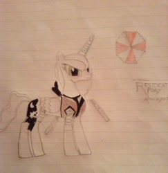 Size: 1494x1539 | Tagged: safe, princess luna, alicorn, pony, alice, crossover, lined paper, resident evil, solo, traditional art