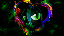 Size: 1920x1080 | Tagged: safe, artist:bronyb34r, artist:mr-kennedy92, queen chrysalis, changeling, changeling queen, bedroom eyes, fangs, heart, solo, vector, wallpaper