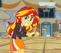 Size: 400x350 | Tagged: safe, sunset shimmer, equestria girls, equestria girls (movie), balloon, crown, element of magic, equestria girls prototype, evil grin, grin, prototype, solo