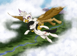 Size: 3000x2200 | Tagged: safe, artist:junkyardgypsy, derpibooru import, gilda, oc, oc:trance sequence, earth pony, griffon, pony, flying, heights