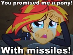 Size: 891x674 | Tagged: safe, edit, edited screencap, screencap, sunset shimmer, equestria girls, equestria girls (movie), crying, fangirl, iji, image macro, in-universe pegasister, missile pony, solo, sunsad shimmer, tomboy