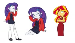 Size: 1676x967 | Tagged: safe, artist:carnifex, rarity, sunset shimmer, equestria girls, clothes, cocktail dress, dress, lipstick, suit, sweater, uniform, wink