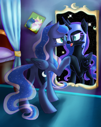 Size: 1195x1500 | Tagged: safe, artist:holka13, nightmare moon, princess luna, alicorn, pony, duality, fangs, mirror