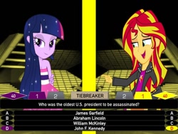 Size: 600x450 | Tagged: safe, artist:j4lambert, sunset shimmer, twilight sparkle, equestria girls, abraham lincoln, american presidents, assassination, game, gameshow, james garfield, john f. kennedy, mckinley, million second quiz, nbc, president, round, show, text, tiebreaker, william, william mckinley