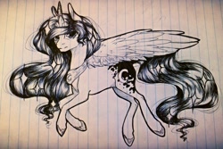 Size: 1024x683 | Tagged: safe, artist:miniyume, princess luna, alicorn, pony, lined paper, monochrome, solo, traditional art