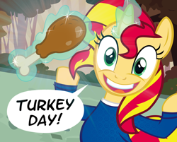 Size: 900x725 | Tagged: safe, artist:pixelkitties, sunset shimmer, pony, cooked, dead, drumstick, faic, food, garbage day, magic, ponies eating meat, silent night deadly night, solo, thanksgiving, turkey