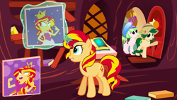 Size: 1280x720 | Tagged: safe, artist:violetclm, drama letter, sunset shimmer, sweet leaf, watermelody, pony, equestria girls, equestria girls (movie), background human, book, equestria girls ponified, golden oaks library, hanukkah, menorah, ponified