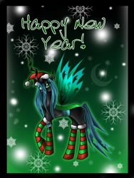 Size: 1056x1408 | Tagged: safe, artist:anzhelee, queen chrysalis, changeling, changeling queen, clothes, happy new year, socks, solo, striped socks