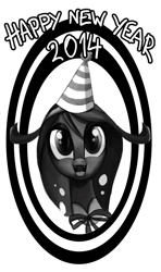 Size: 1140x1920 | Tagged: safe, artist:jokerpony, queen chrysalis, changeling, changeling queen, ask teen chrysalis, grayscale, happy new year, hat, party hat, solo, tumblr