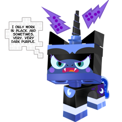 Size: 931x931 | Tagged: safe, artist:pixelkitties, princess luna, batman, crossover, dialogue, lego, mare darkness, nightmare unikitty, nightmarified, simple background, solo, species swap, the lego movie, transparent background, unikitty